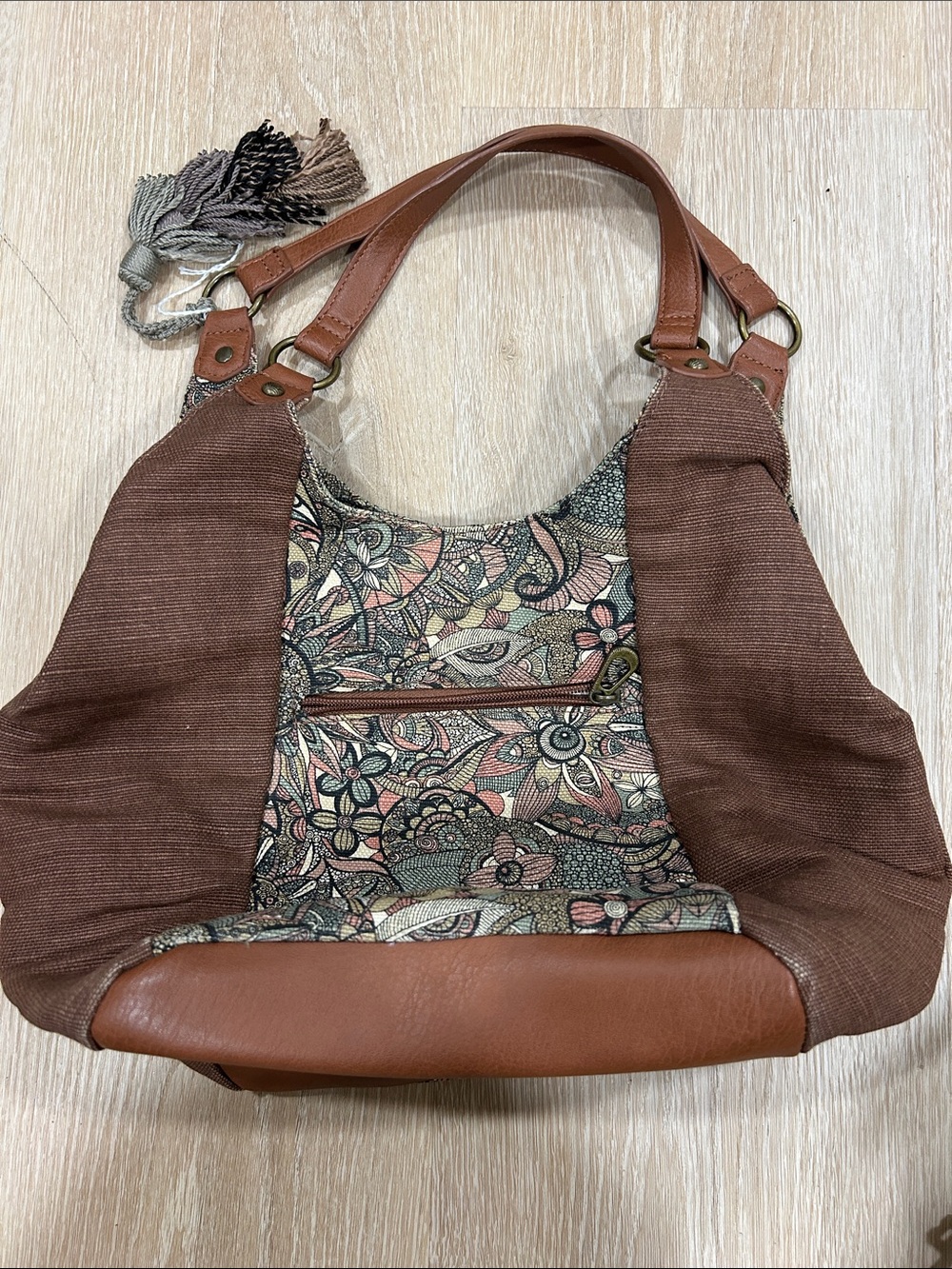 Sakroots Brown Floral Canvas Shoulder Bag with Tassel Accent